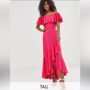 Flounce London Tall Bardot Satin Midi Dress w/Frill